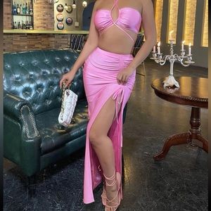 Shein SXY Backless Halter Crop Top & Thigh Slit Maxi Skirt Set